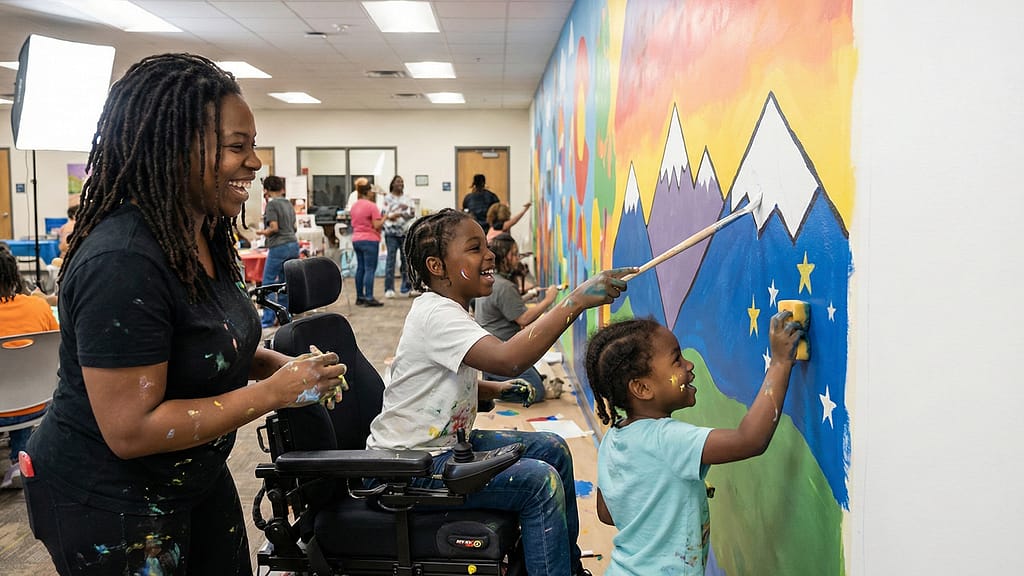Wife-Caring-for-Husband Family at Community center in Aurora