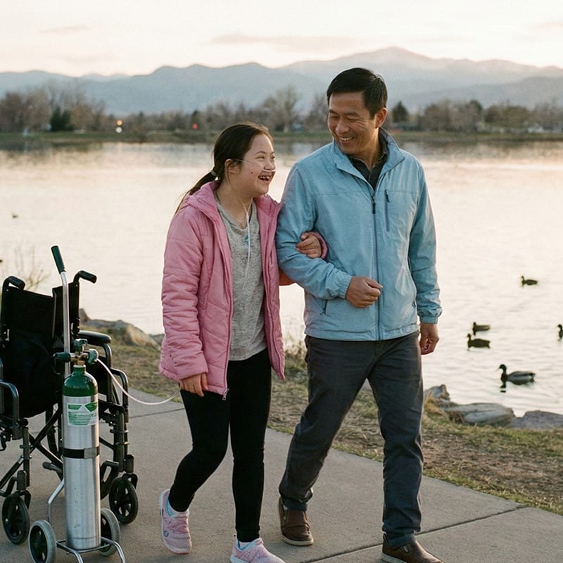 Father caring for son on hike in Colorado under Community First Choice program