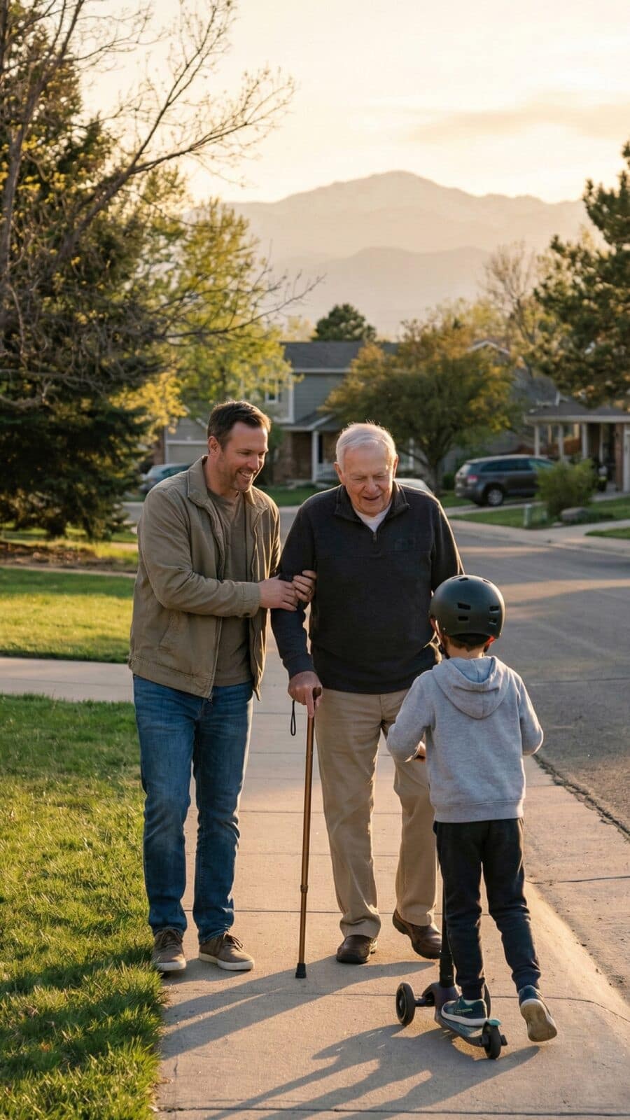 Neighborhood-Walk-With-Mountain-Views Son caregiver assisting older father with mobility