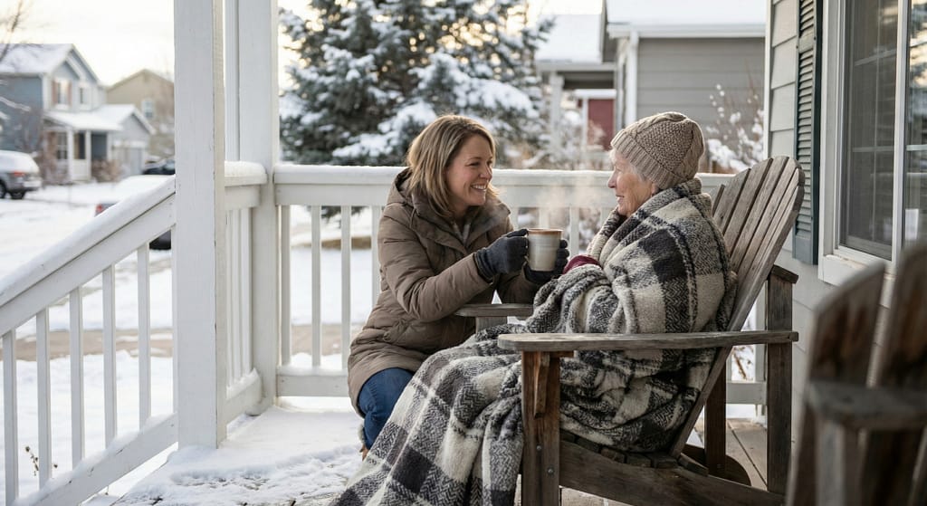 Daughter-Bringing-Mother-Hot-Cocoa-Winter Daughter Brining Mother Hot Cocoa Winter