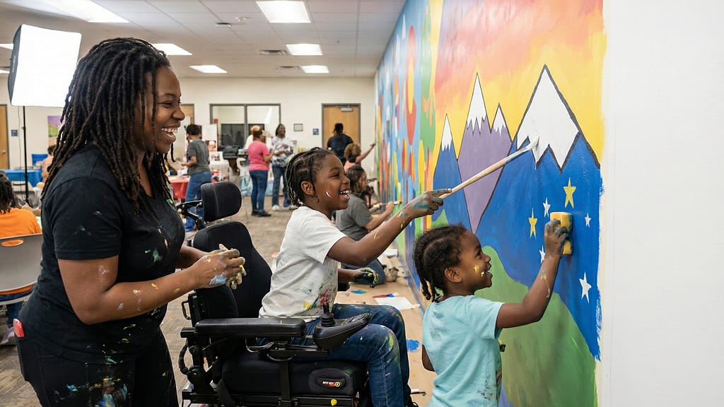 Wife-Caring-for-Husband Family at Community center in Aurora