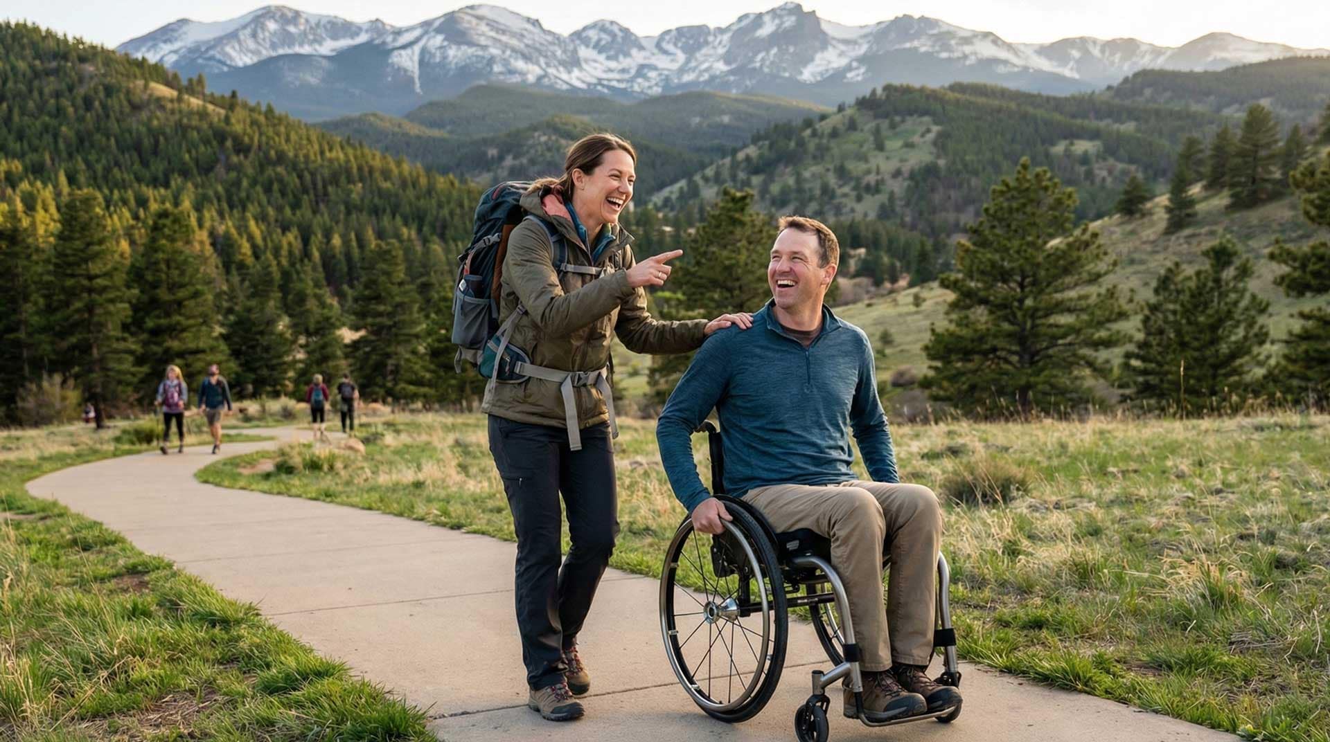 Home 2 Married Couple on Accessible Hike with Husband in Manual Wheelchair