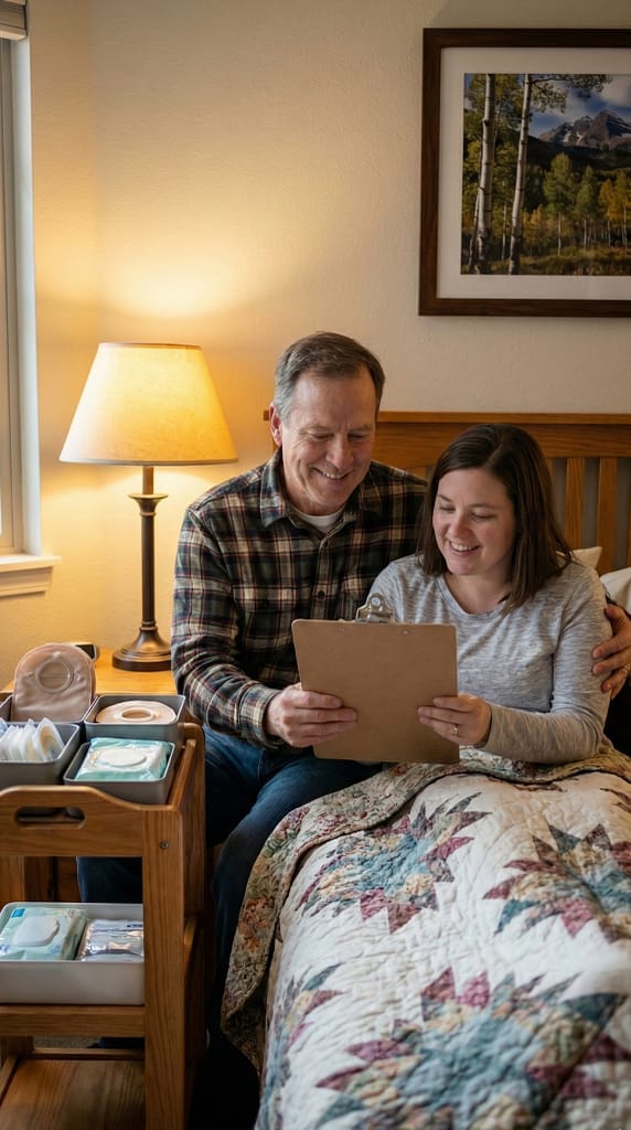 Ostomy-Care-Check Son caregiver assisting older father with mobility