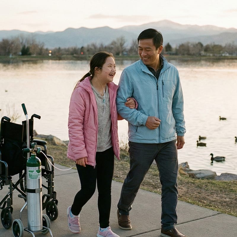 Father caring for son on hike in Colorado under Community First Choice program