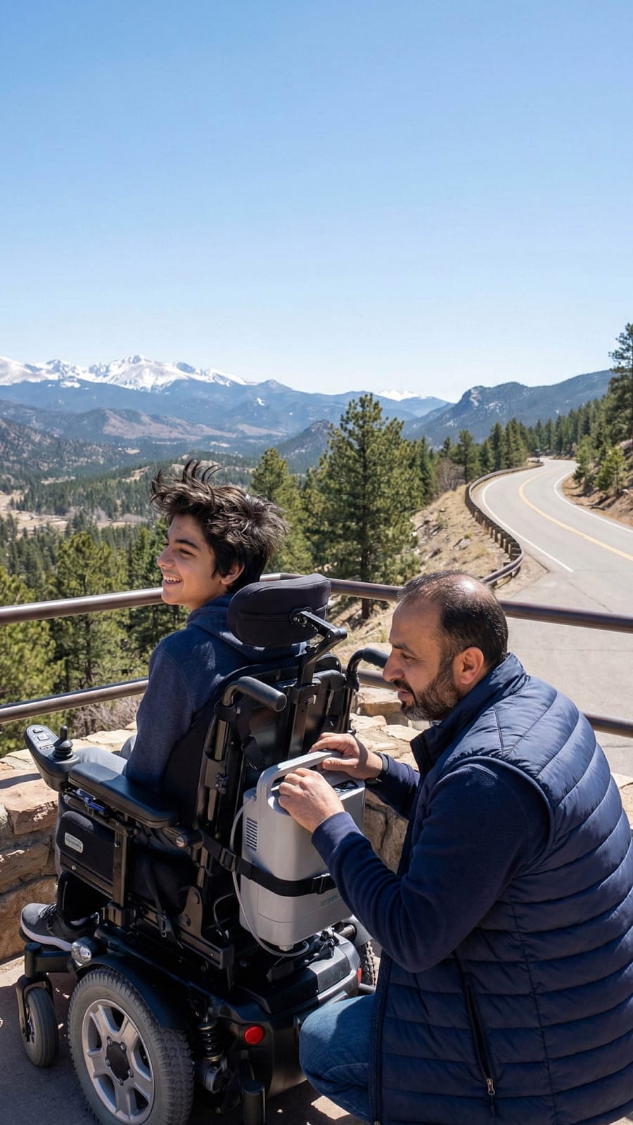 Father caring for son on hike in Colorado under Community First Choice program